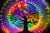 Colorful tree with zodiac signs and cosmic background.