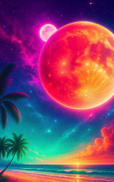 Fantasy beach scene with glowing red planet, stars, palm trees, and a vivid cosmic sky at sunset.