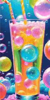 A Diamond Painting Rendering Of A Tall Glass Of Colourful, Bubbly Drink With Large Shimmering Bubbles And Playful Straws In A Dreamy, Blue Backdrop. Size - 30cm X 60cm