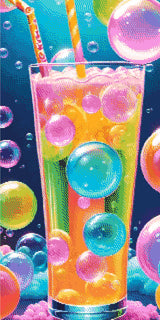 A Diamond Painting Rendering Of A Tall Glass Of Colourful, Bubbly Drink With Large Shimmering Bubbles And Playful Straws In A Dreamy, Blue Backdrop. Size - 40cm X 80cm