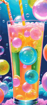 A Diamond Painting Rendering Of A Tall Glass Of Colourful, Bubbly Drink With Large Shimmering Bubbles And Playful Straws In A Dreamy, Blue Backdrop. Size - 50cm X 110cm