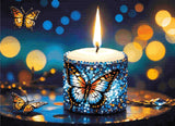 A Diamond Painting Rendering Of A Candle Adorned With Blue And Purple Gems Featuring Butterfly Designs Illuminates A Twilight Scene With Fluttering Butterflies. Size - 110cm X 80cm