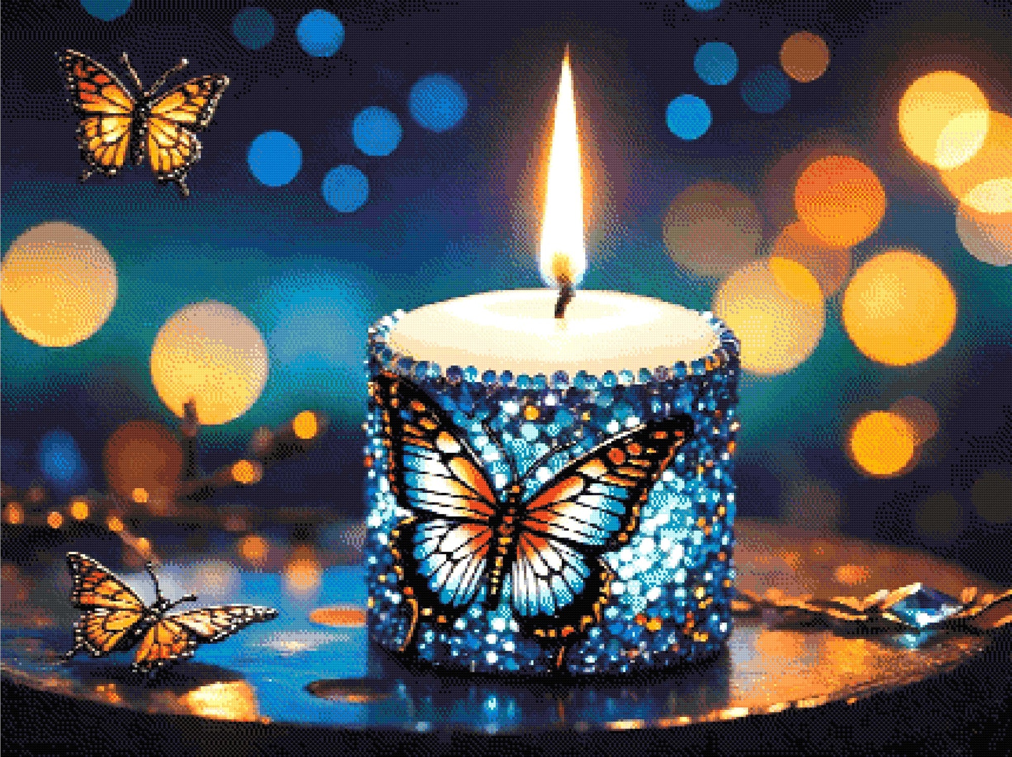 A Diamond Painting Rendering Of A Candle Adorned With Blue And Purple Gems Featuring Butterfly Designs Illuminates A Twilight Scene With Fluttering Butterflies. Size - 120cm X 90cm