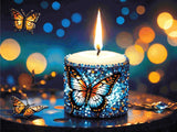 A Diamond Painting Rendering Of A Candle Adorned With Blue And Purple Gems Featuring Butterfly Designs Illuminates A Twilight Scene With Fluttering Butterflies. Size - 120cm X 90cm