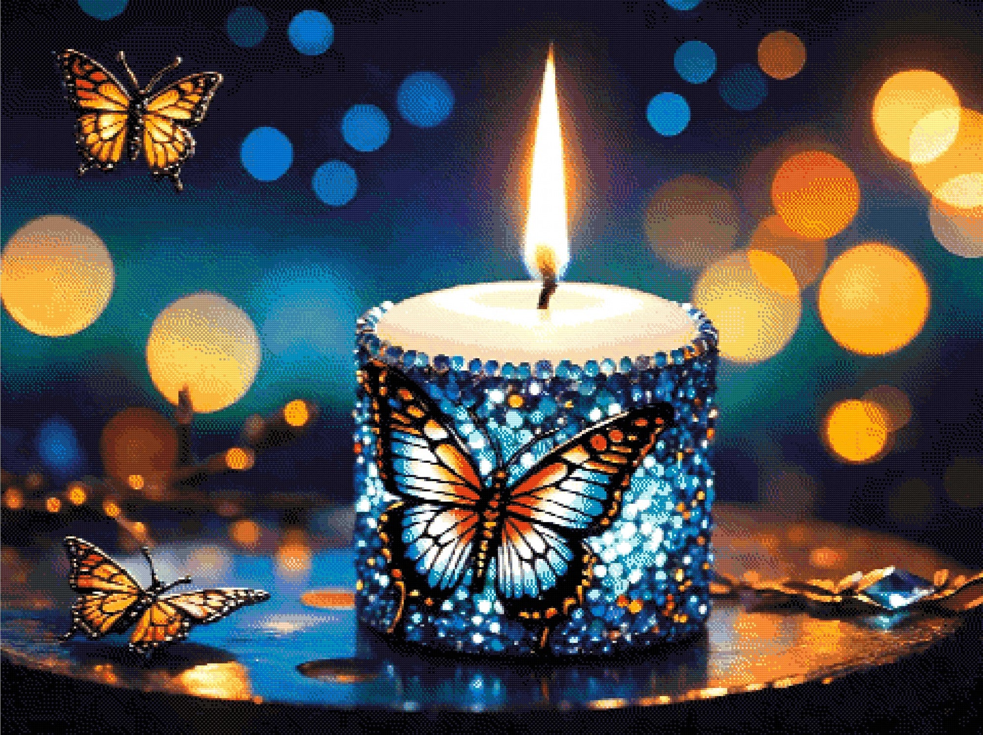 A Diamond Painting Rendering Of A Candle Adorned With Blue And Purple Gems Featuring Butterfly Designs Illuminates A Twilight Scene With Fluttering Butterflies. Size - 120cm X 90cm