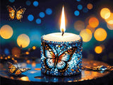 A Diamond Painting Rendering Of A Candle Adorned With Blue And Purple Gems Featuring Butterfly Designs Illuminates A Twilight Scene With Fluttering Butterflies. Size - 120cm X 90cm