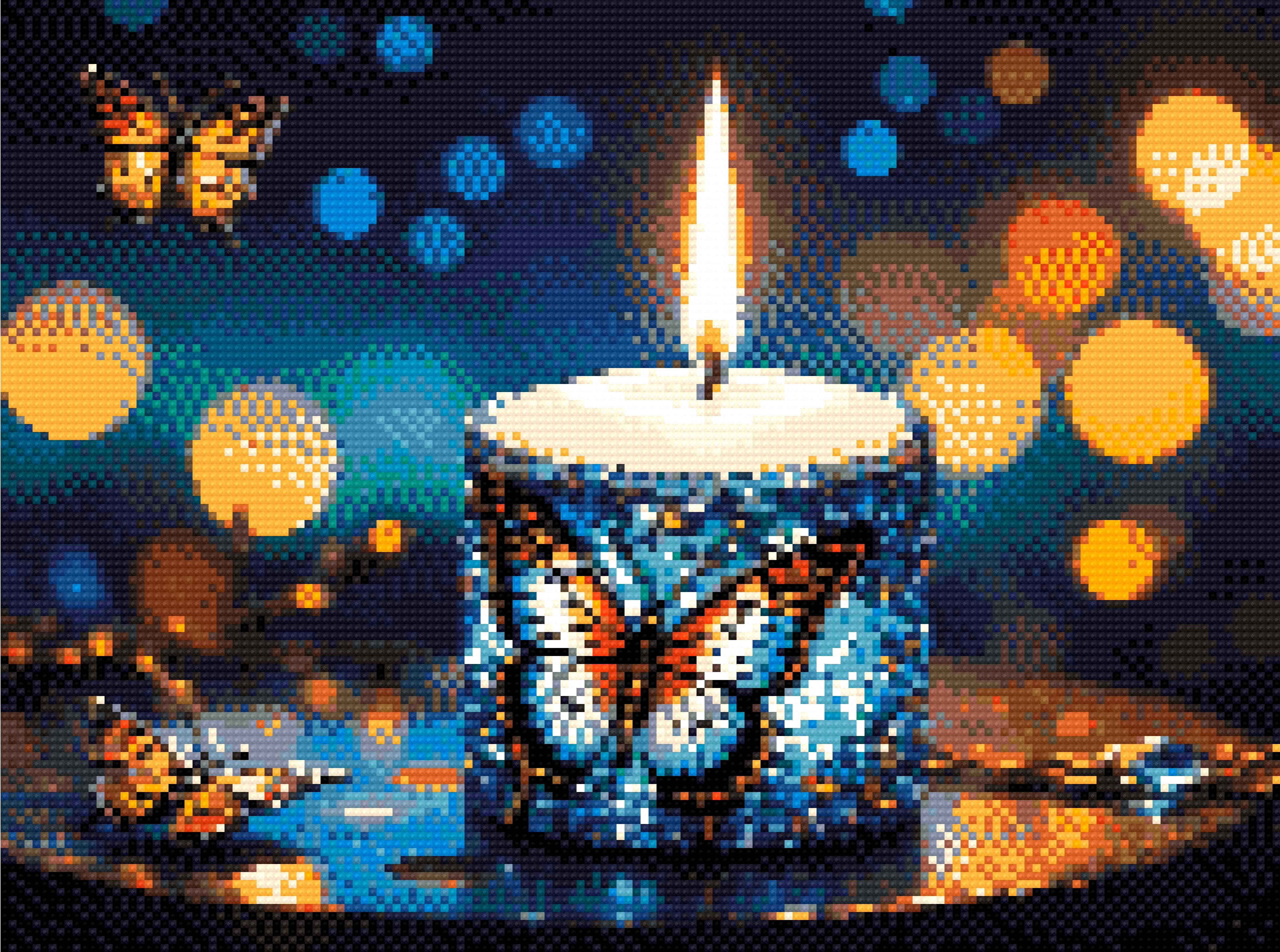 A Diamond Painting Rendering Of A Candle Adorned With Blue And Purple Gems Featuring Butterfly Designs Illuminates A Twilight Scene With Fluttering Butterflies. Size - 40cm X 30cm