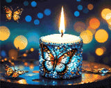 A Diamond Painting Rendering Of A Candle Adorned With Blue And Purple Gems Featuring Butterfly Designs Illuminates A Twilight Scene With Fluttering Butterflies. Size - 50cm X 40cm