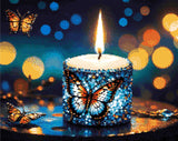 A Diamond Painting Rendering Of A Candle Adorned With Blue And Purple Gems Featuring Butterfly Designs Illuminates A Twilight Scene With Fluttering Butterflies. Size - 50cm X 40cm