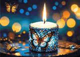 A Diamond Painting Rendering Of A Candle Adorned With Blue And Purple Gems Featuring Butterfly Designs Illuminates A Twilight Scene With Fluttering Butterflies. Size - 70cm X 50cm