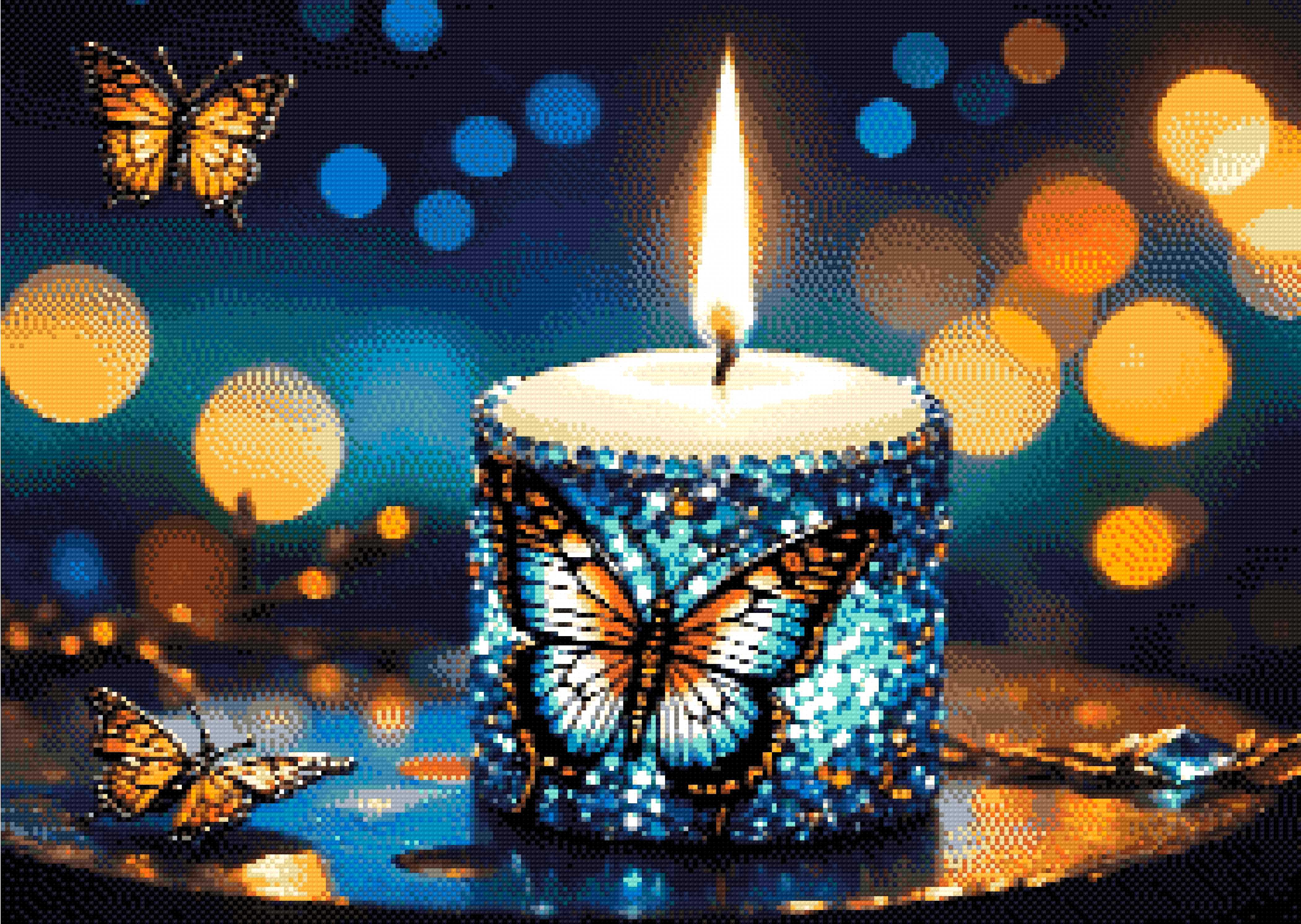 A Diamond Painting Rendering Of A Candle Adorned With Blue And Purple Gems Featuring Butterfly Designs Illuminates A Twilight Scene With Fluttering Butterflies. Size - 70cm X 50cm