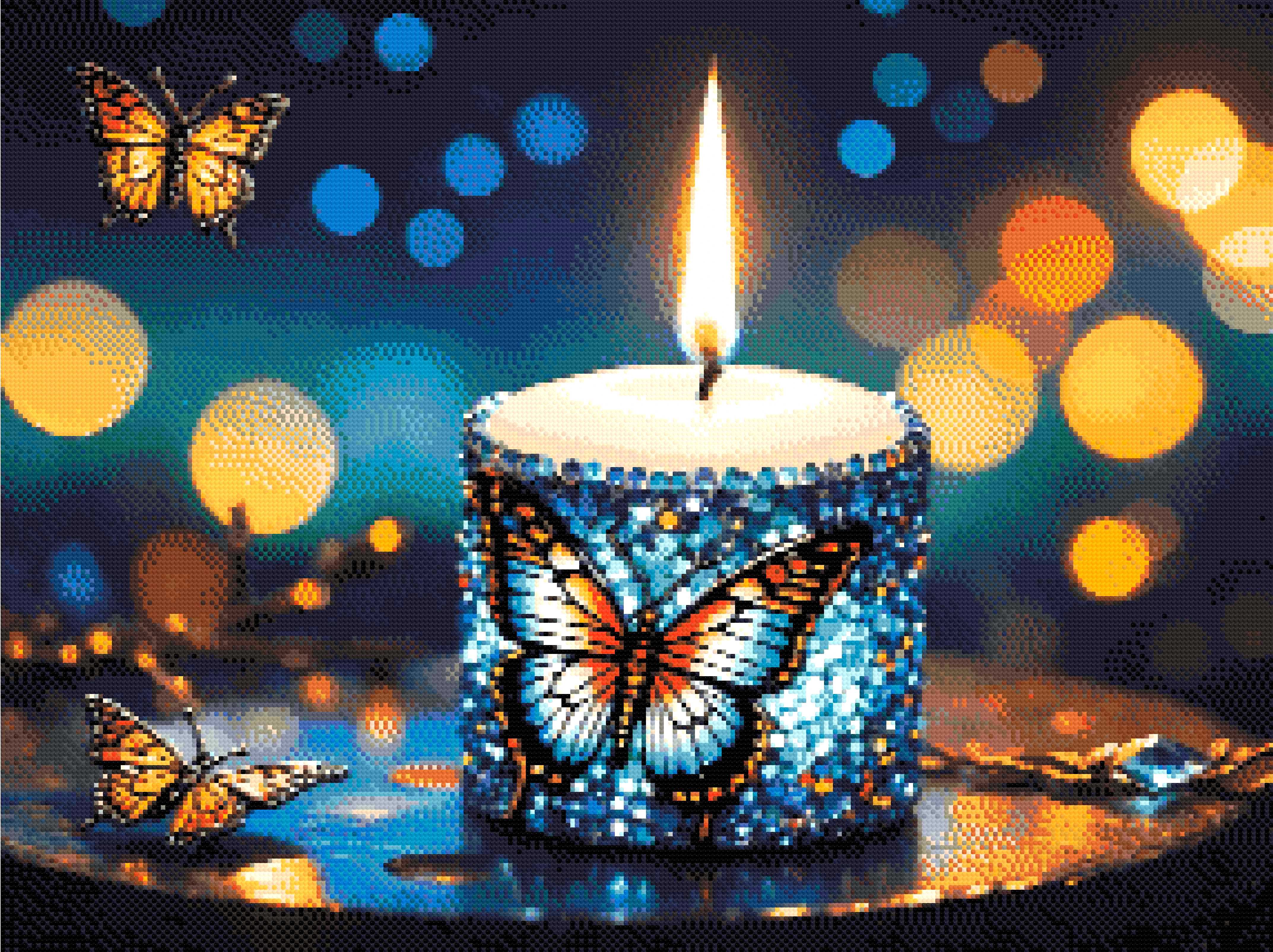 A Diamond Painting Rendering Of A Candle Adorned With Blue And Purple Gems Featuring Butterfly Designs Illuminates A Twilight Scene With Fluttering Butterflies. Size - 80cm X 60cm