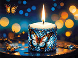 A Diamond Painting Rendering Of A Candle Adorned With Blue And Purple Gems Featuring Butterfly Designs Illuminates A Twilight Scene With Fluttering Butterflies. Size - 80cm X 60cm