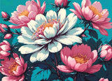 A Diamond Painting Rendering Of Vibrant Image Of Pink And White Flowers With Yellow Stamens Against A Teal Background, Surrounded By Lush Green Leaves. Size - 110cm X 80cm