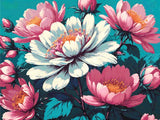 A Diamond Painting Rendering Of Vibrant Image Of Pink And White Flowers With Yellow Stamens Against A Teal Background, Surrounded By Lush Green Leaves. Size - 120cm X 90cm