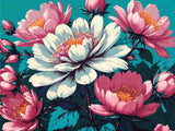 A Diamond Painting Rendering Of Vibrant Image Of Pink And White Flowers With Yellow Stamens Against A Teal Background, Surrounded By Lush Green Leaves. Size - 120cm X 90cm