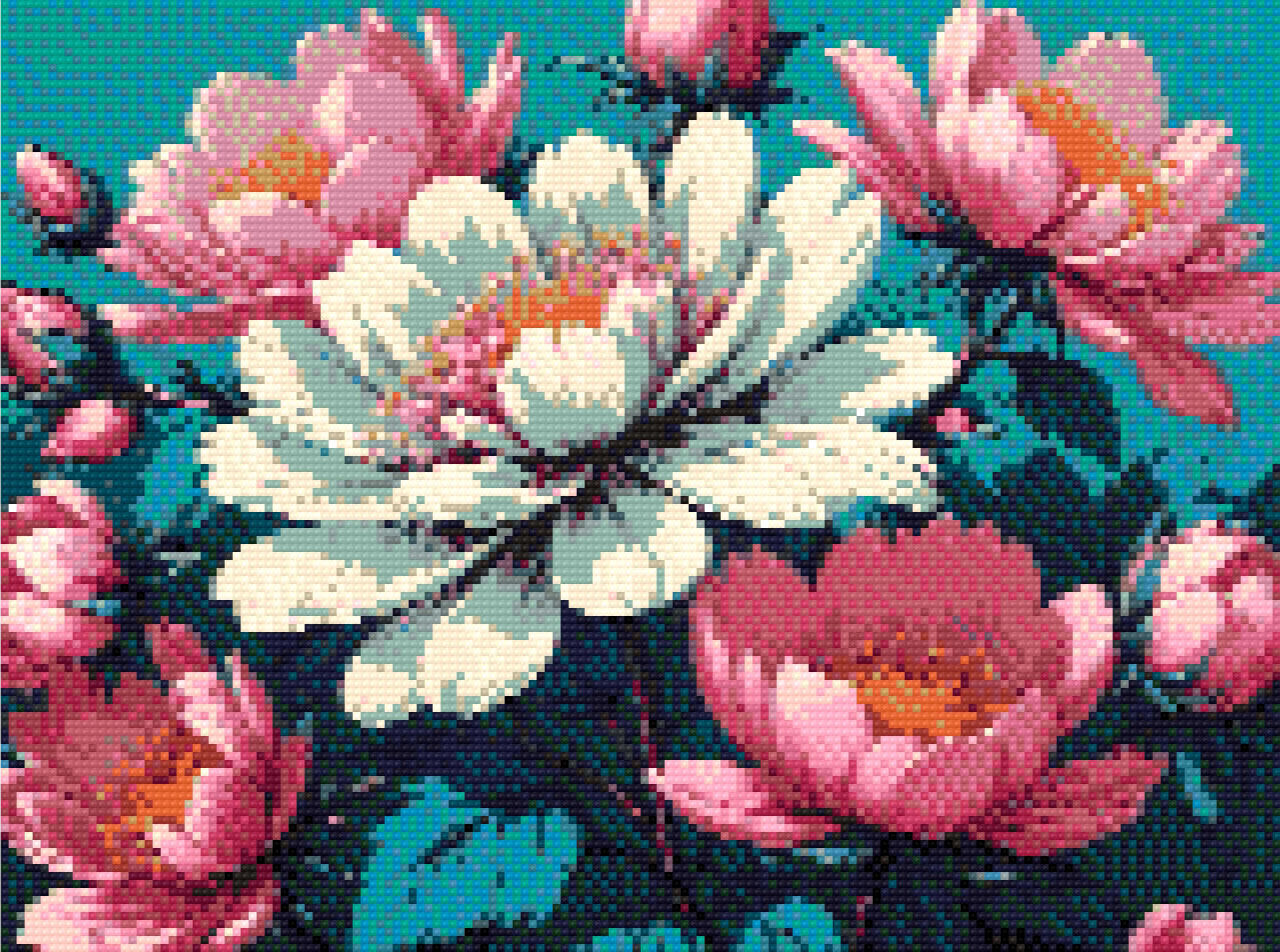 A Diamond Painting Rendering Of Vibrant Image Of Pink And White Flowers With Yellow Stamens Against A Teal Background, Surrounded By Lush Green Leaves. Size - 40cm X 30cm