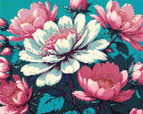 A Diamond Painting Rendering Of Vibrant Image Of Pink And White Flowers With Yellow Stamens Against A Teal Background, Surrounded By Lush Green Leaves. Size - 50cm X 40cm