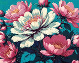 A Diamond Painting Rendering Of Vibrant Image Of Pink And White Flowers With Yellow Stamens Against A Teal Background, Surrounded By Lush Green Leaves. Size - 50cm X 40cm