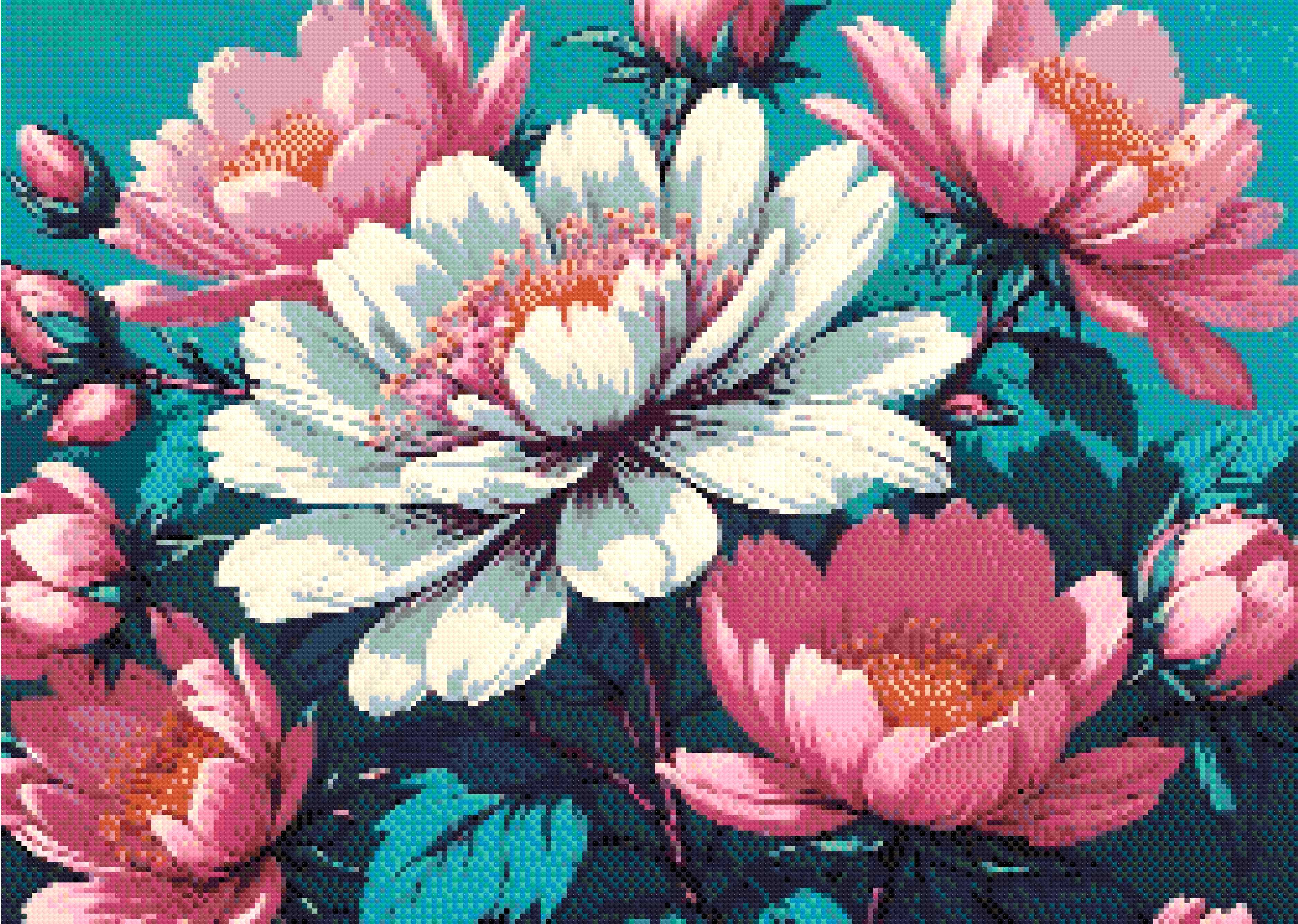 A Diamond Painting Rendering Of Vibrant Image Of Pink And White Flowers With Yellow Stamens Against A Teal Background, Surrounded By Lush Green Leaves. Size - 70cm X 50cm