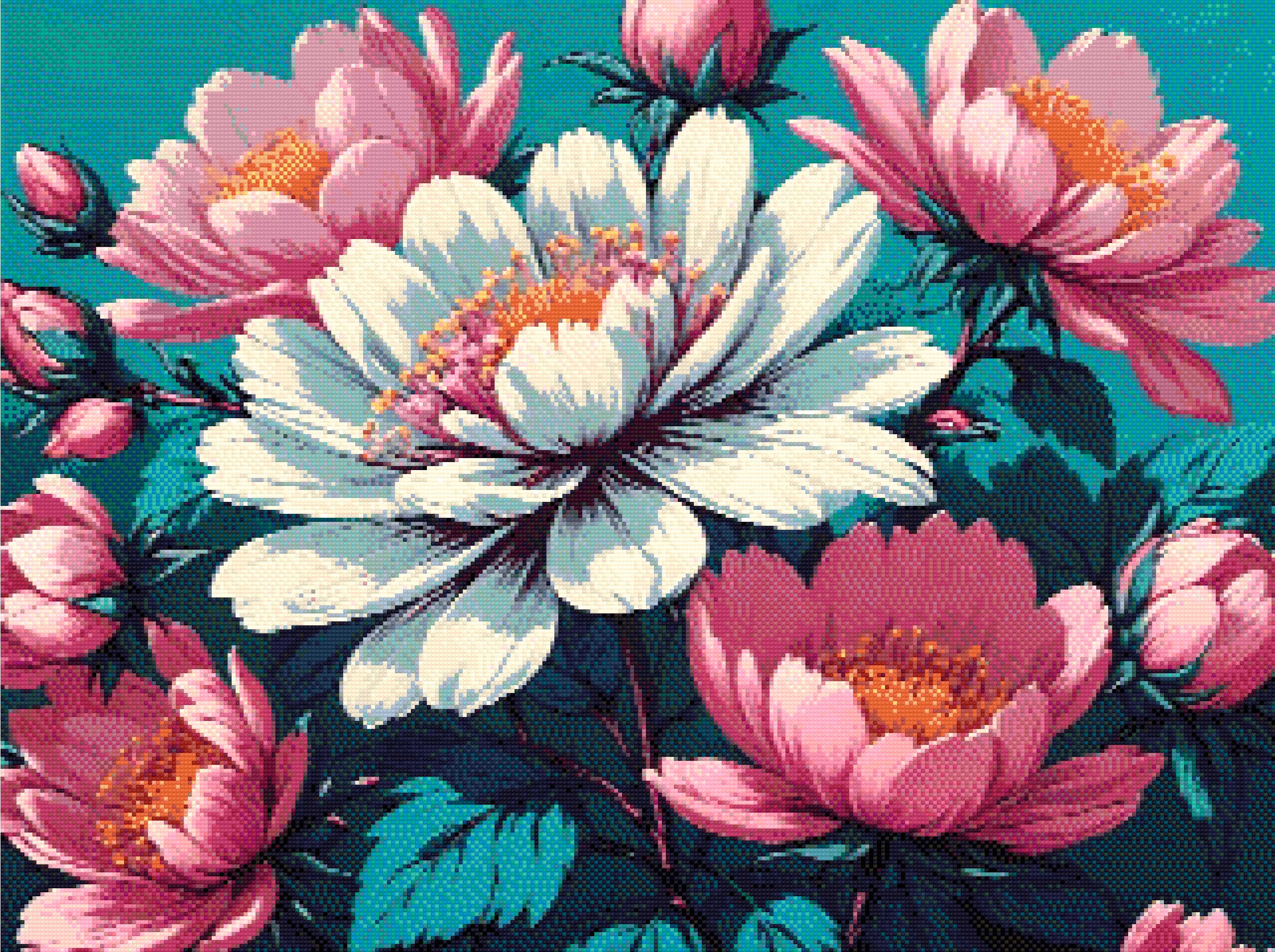 A Diamond Painting Rendering Of Vibrant Image Of Pink And White Flowers With Yellow Stamens Against A Teal Background, Surrounded By Lush Green Leaves. Size - 80cm X 60cm