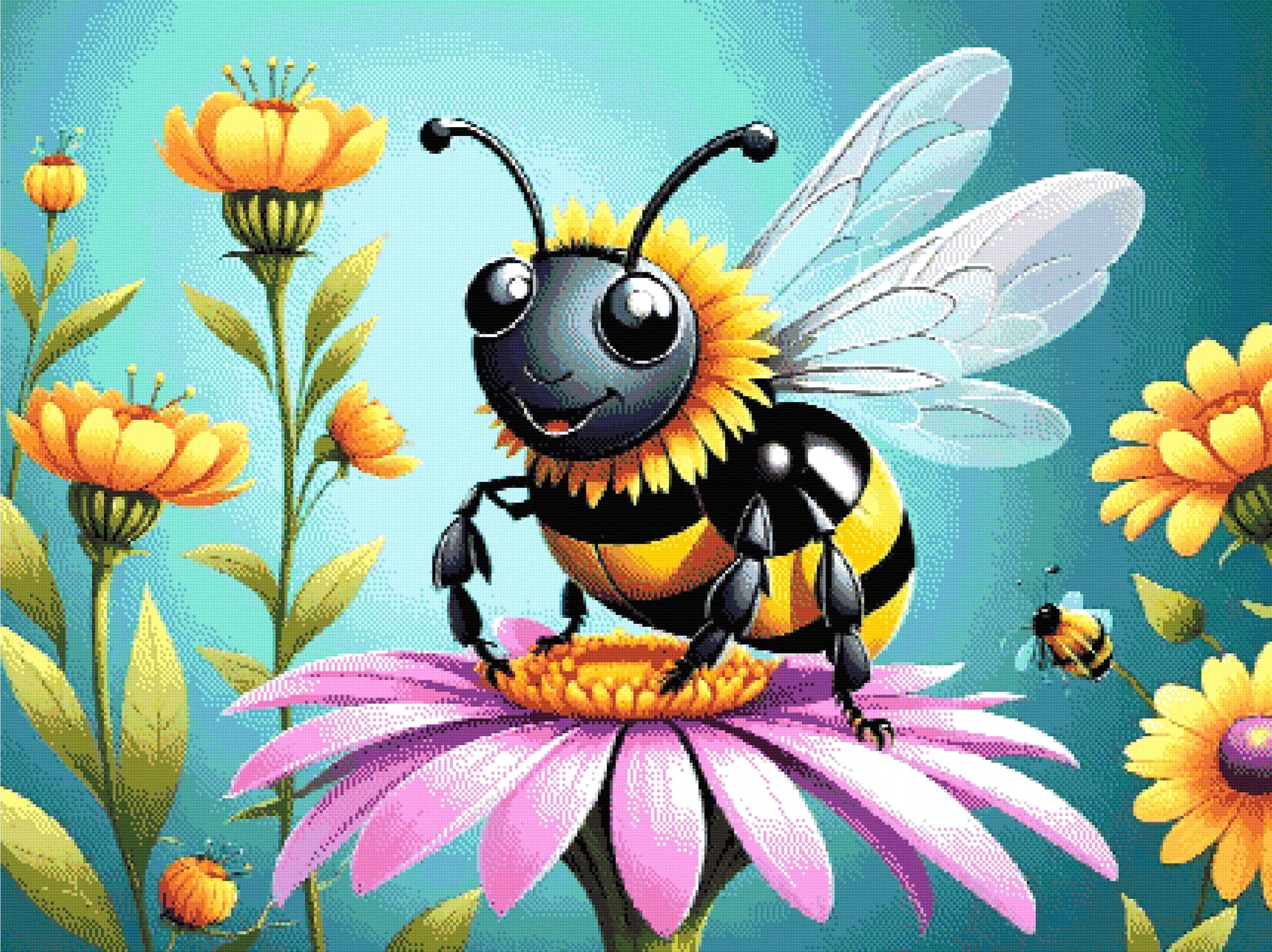 A Diamond Painting Rendering Of A Smiling Bee With Black And Yellow Stripes Rests On A Vibrant Pink Flower, Surrounded By Tall Yellow Flowers Against A Teal Background. Size - 120cm X 90cm