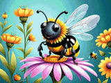 A Diamond Painting Rendering Of A Smiling Bee With Black And Yellow Stripes Rests On A Vibrant Pink Flower, Surrounded By Tall Yellow Flowers Against A Teal Background. Size - 120cm X 90cm