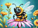 A Diamond Painting Rendering Of A Smiling Bee With Black And Yellow Stripes Rests On A Vibrant Pink Flower, Surrounded By Tall Yellow Flowers Against A Teal Background. Size - 40cm X 30cm