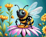A Diamond Painting Rendering Of A Smiling Bee With Black And Yellow Stripes Rests On A Vibrant Pink Flower, Surrounded By Tall Yellow Flowers Against A Teal Background. Size - 50cm X 40cm