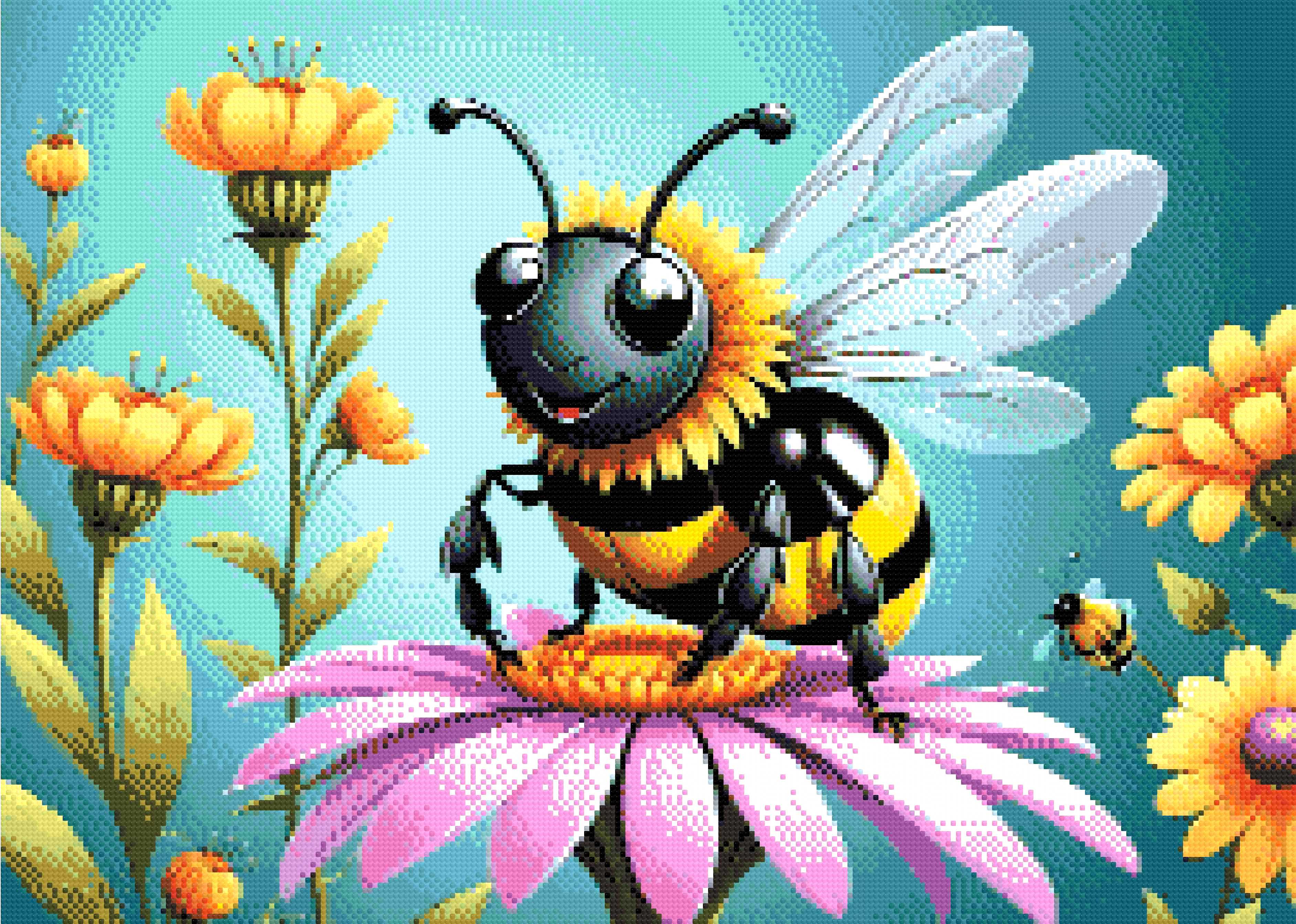 A Diamond Painting Rendering Of A Smiling Bee With Black And Yellow Stripes Rests On A Vibrant Pink Flower, Surrounded By Tall Yellow Flowers Against A Teal Background. Size - 70cm X 50cm