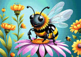 A Diamond Painting Rendering Of A Smiling Bee With Black And Yellow Stripes Rests On A Vibrant Pink Flower, Surrounded By Tall Yellow Flowers Against A Teal Background. Size - 70cm X 50cm
