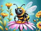 A Diamond Painting Rendering Of A Smiling Bee With Black And Yellow Stripes Rests On A Vibrant Pink Flower, Surrounded By Tall Yellow Flowers Against A Teal Background. Size - 80cm X 60cm