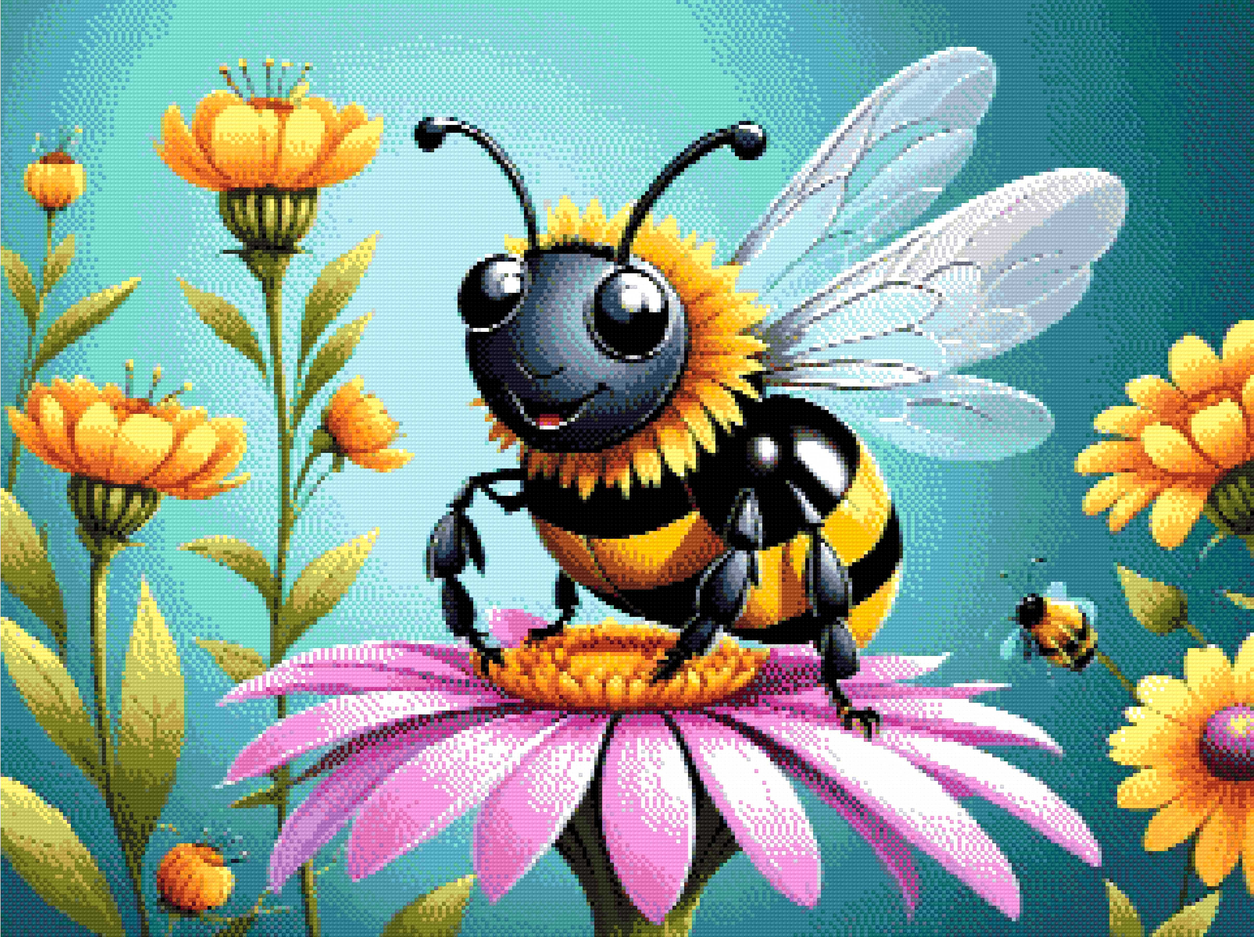 A Diamond Painting Rendering Of A Smiling Bee With Black And Yellow Stripes Rests On A Vibrant Pink Flower, Surrounded By Tall Yellow Flowers Against A Teal Background. Size - 80cm X 60cm