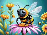 A Diamond Painting Rendering Of A Smiling Bee With Black And Yellow Stripes Rests On A Vibrant Pink Flower, Surrounded By Tall Yellow Flowers Against A Teal Background. Size - 80cm X 60cm