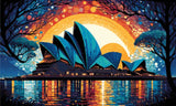 A Diamond Painting Rendering Of Sydney Opera House Against A Vibrant Sunset Sky With Hues Of Orange, Blue, And Purple, Reflecting On The Water Below. Size - 100cm X 60cm