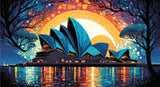 A Diamond Painting Rendering Of Sydney Opera House Against A Vibrant Sunset Sky With Hues Of Orange, Blue, And Purple, Reflecting On The Water Below. Size - 110cm X 60cm