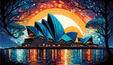 A Diamond Painting Rendering Of Sydney Opera House Against A Vibrant Sunset Sky With Hues Of Orange, Blue, And Purple, Reflecting On The Water Below. Size - 120cm X 70cm