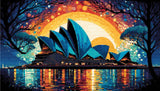 A Diamond Painting Rendering Of Sydney Opera House Against A Vibrant Sunset Sky With Hues Of Orange, Blue, And Purple, Reflecting On The Water Below. Size - 70cm X 40cm