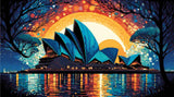 A Diamond Painting Rendering Of Sydney Opera House Against A Vibrant Sunset Sky With Hues Of Orange, Blue, And Purple, Reflecting On The Water Below. Size - 90cm X 50cm