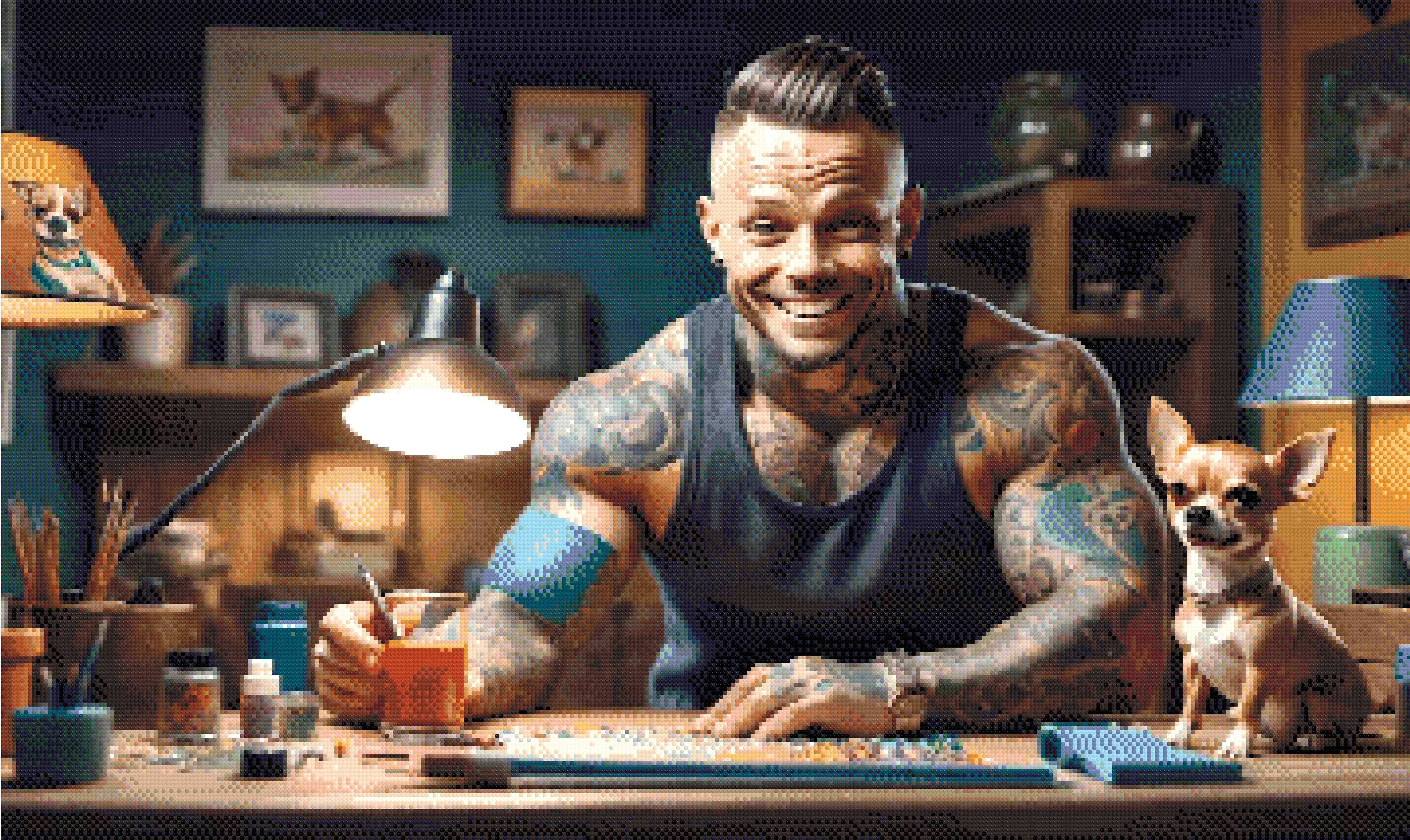 A Diamond Painting Rendering Of A Tattooed Man Smiling While Working On A Craft Project With A Chihuahua Sitting On The Table Beside Him. Size - 100cm X 60cm