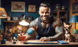 A Diamond Painting Rendering Of A Tattooed Man Smiling While Working On A Craft Project With A Chihuahua Sitting On The Table Beside Him. Size - 100cm X 60cm
