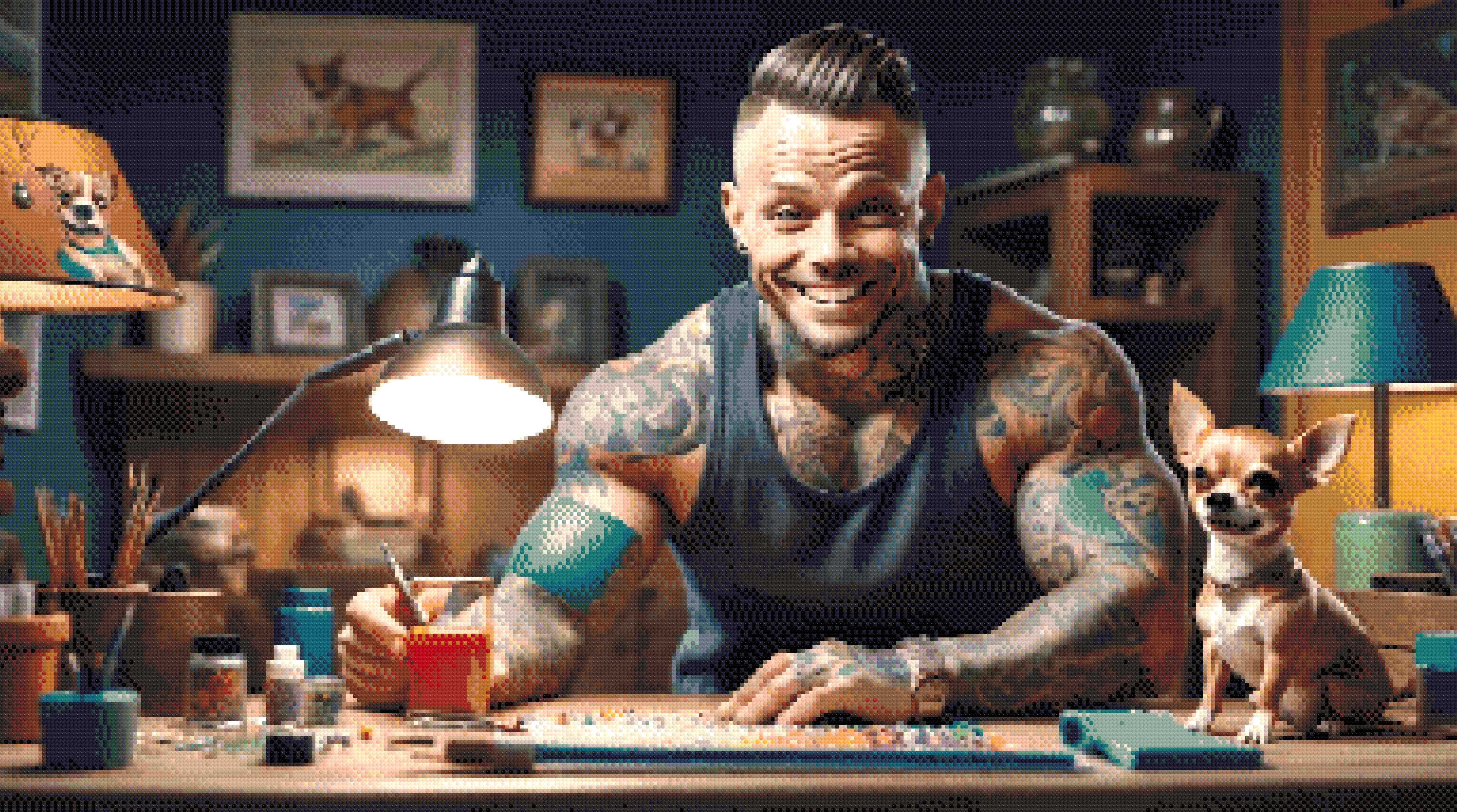 A Diamond Painting Rendering Of A Tattooed Man Smiling While Working On A Craft Project With A Chihuahua Sitting On The Table Beside Him. Size - 110cm X 60cm