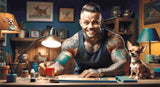 A Diamond Painting Rendering Of A Tattooed Man Smiling While Working On A Craft Project With A Chihuahua Sitting On The Table Beside Him. Size - 110cm X 60cm