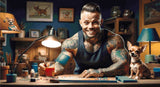 A Diamond Painting Rendering Of A Tattooed Man Smiling While Working On A Craft Project With A Chihuahua Sitting On The Table Beside Him. Size - 110cm X 60cm