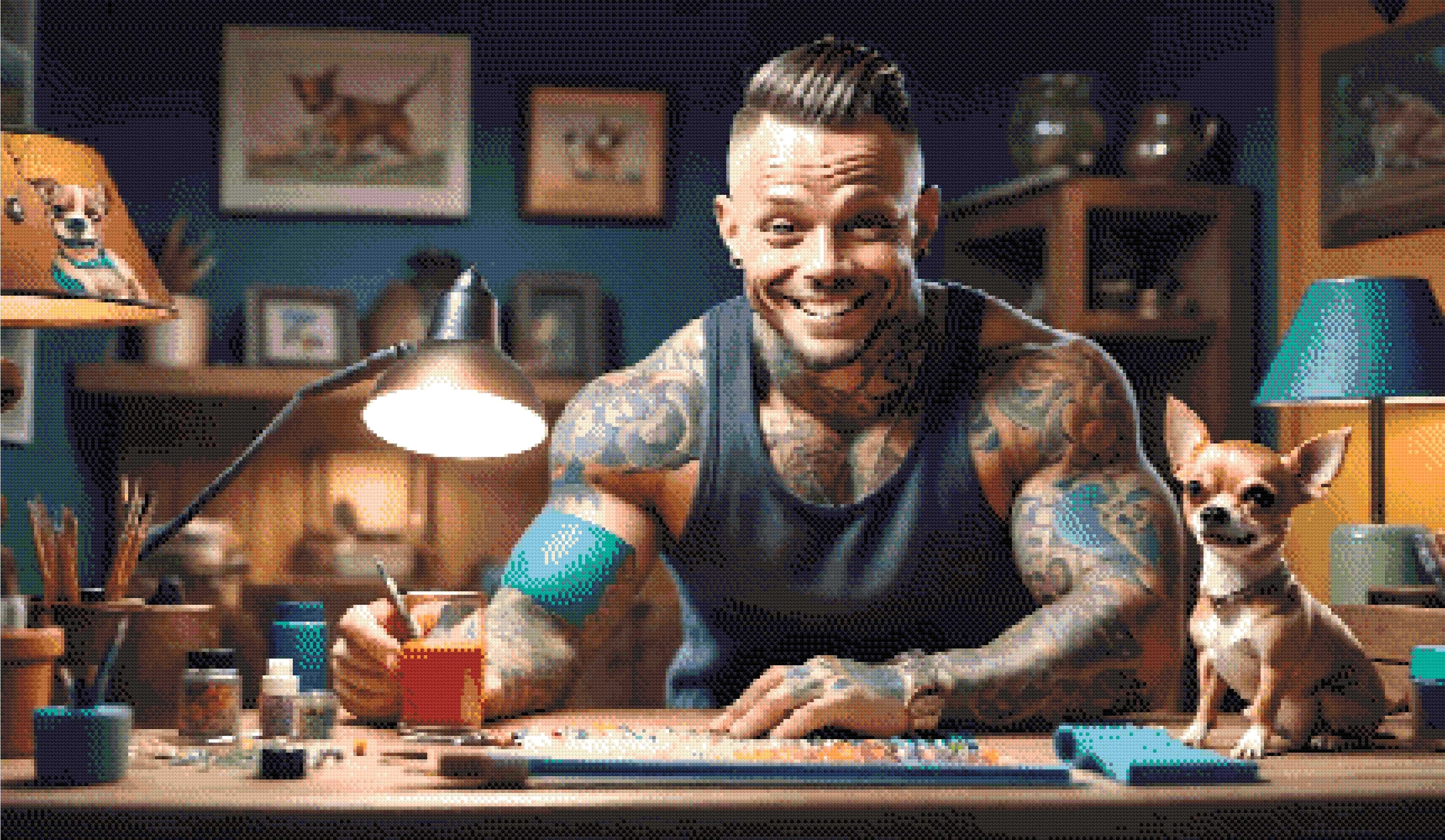 A Diamond Painting Rendering Of A Tattooed Man Smiling While Working On A Craft Project With A Chihuahua Sitting On The Table Beside Him. Size - 120cm X 70cm