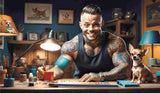 A Diamond Painting Rendering Of A Tattooed Man Smiling While Working On A Craft Project With A Chihuahua Sitting On The Table Beside Him. Size - 120cm X 70cm