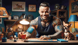 A Diamond Painting Rendering Of A Tattooed Man Smiling While Working On A Craft Project With A Chihuahua Sitting On The Table Beside Him. Size - 120cm X 70cm