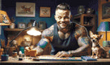 A Diamond Painting Rendering Of A Tattooed Man Smiling While Working On A Craft Project With A Chihuahua Sitting On The Table Beside Him. Size - 50cm X 30cm