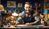 A Diamond Painting Rendering Of A Tattooed Man Smiling While Working On A Craft Project With A Chihuahua Sitting On The Table Beside Him. Size - 50cm X 30cm