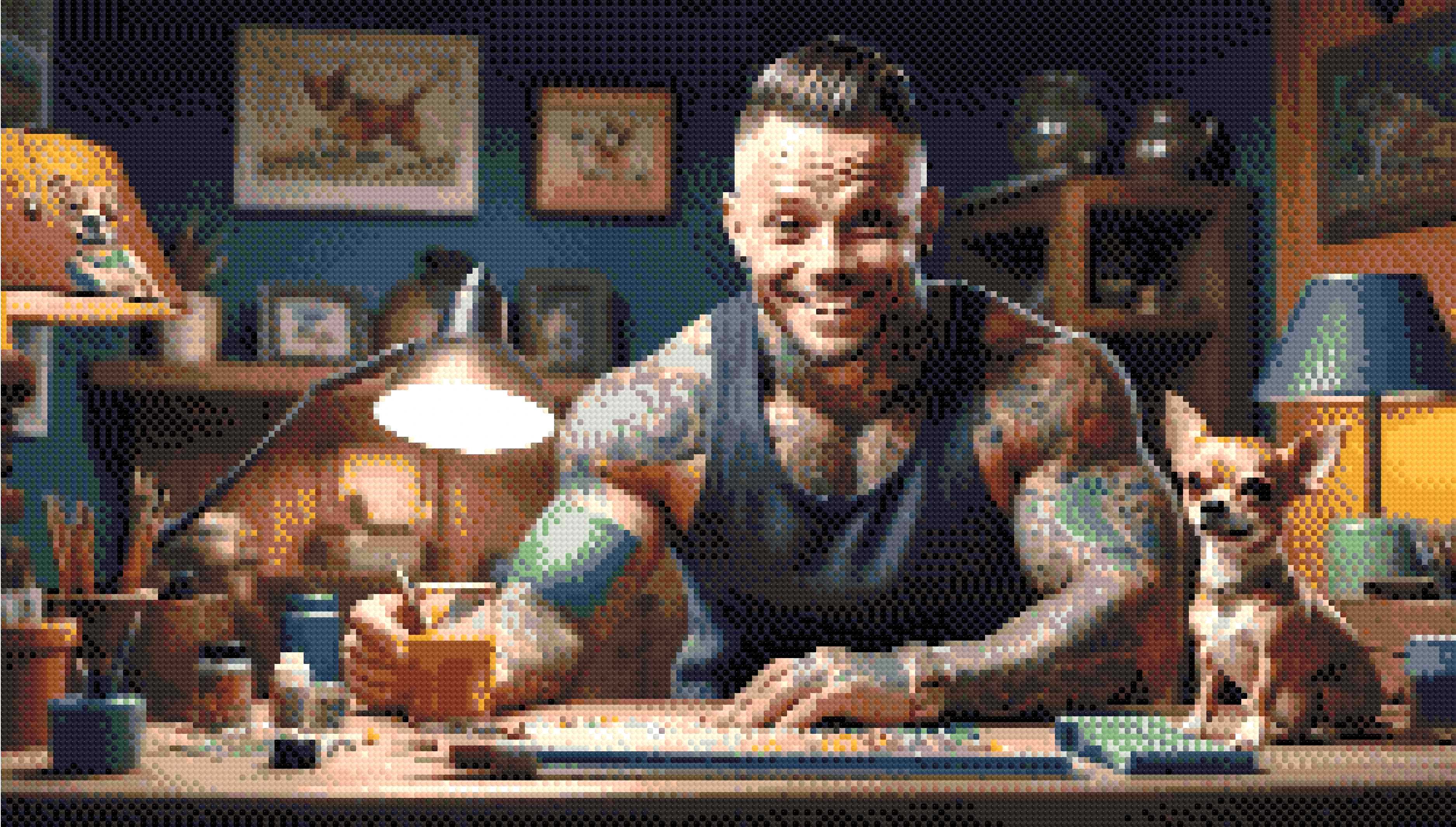 A Diamond Painting Rendering Of A Tattooed Man Smiling While Working On A Craft Project With A Chihuahua Sitting On The Table Beside Him. Size - 70cm X 40cm